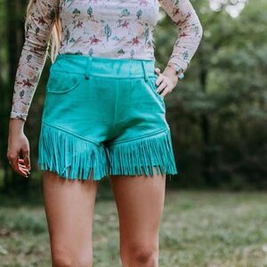 NWT Turquoise Dixie Rhinestone Embellished Fringe Shorts